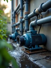 Industrial Water Pump Setup with Piping and Flowing Water