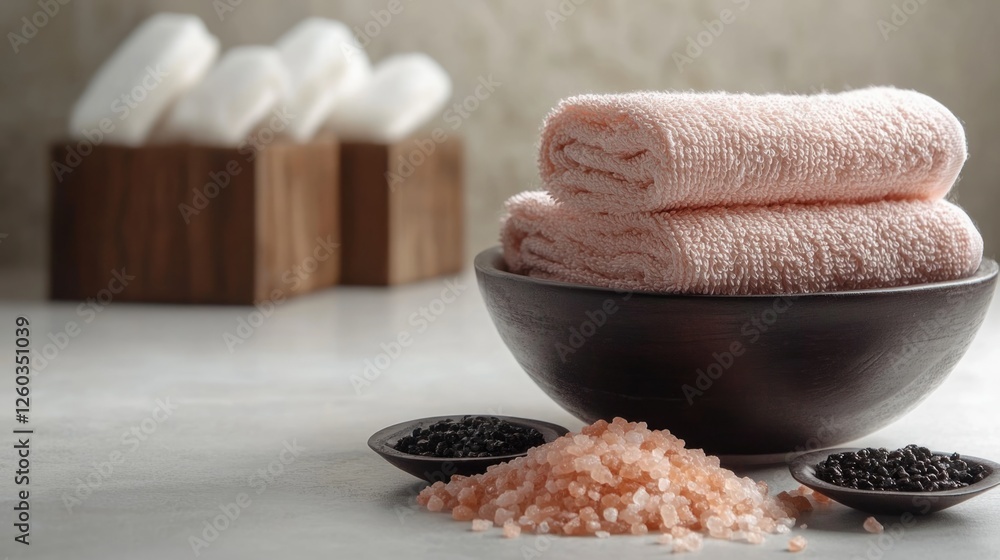 Poster spa setting with fresh towels aromatic salts and soaps on marble surface with empty space for relaxa
