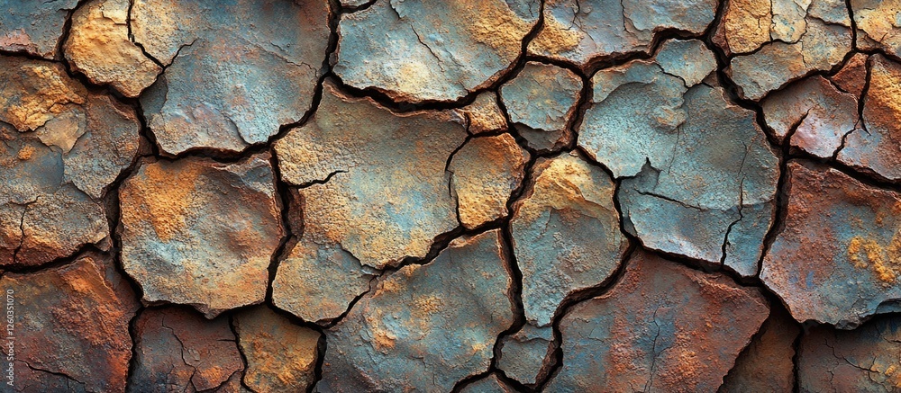 Poster dried clay surface with intricate soil texture featuring vibrant earthy tones and unique cracks crea