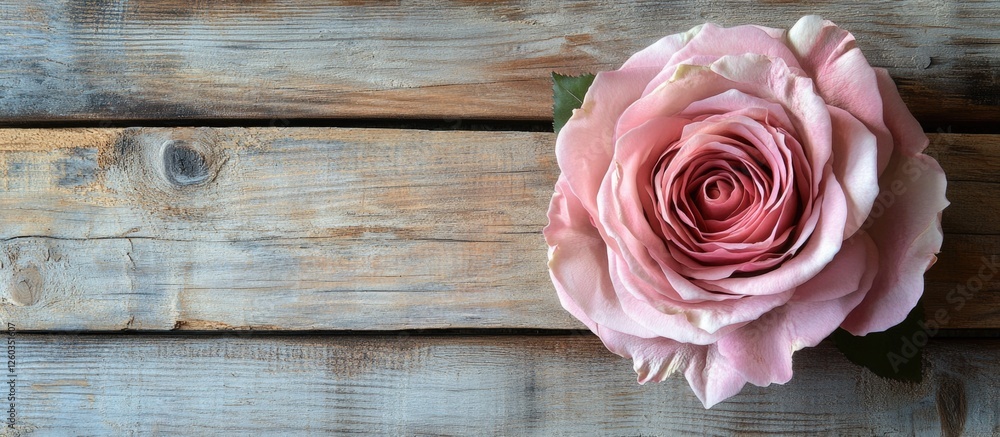 Aufkleber single pink rose placed elegantly on rustic wooden background with ample copy space for text and des