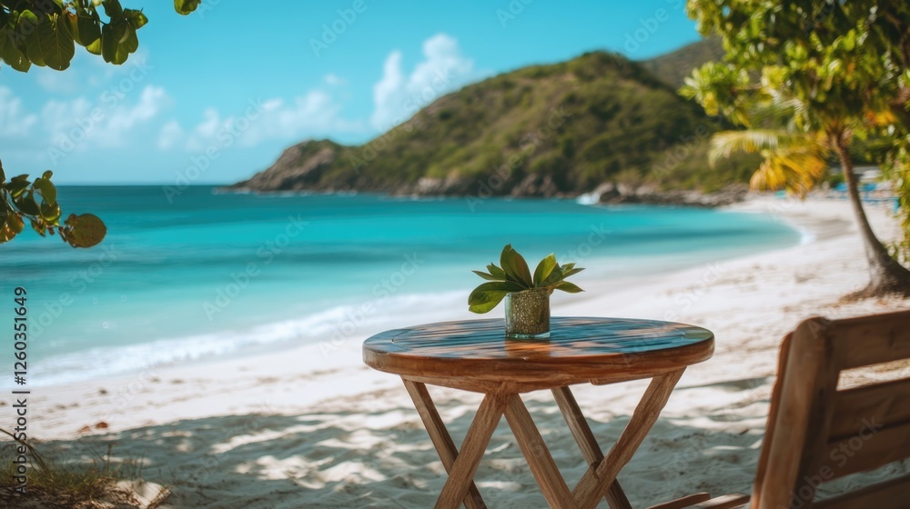 Poster cozy wooden table setup on sandy beach with ocean view and lush greenery creating a serene and invit