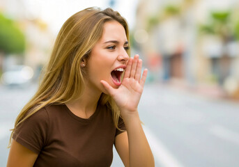 Fototapeta premium A woman in a brown shirt yelling with excitement, set against a blurred outdoor background.