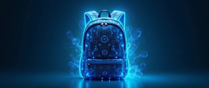 Futuristic Blue Backpack with Glowing Effects on Dark Background