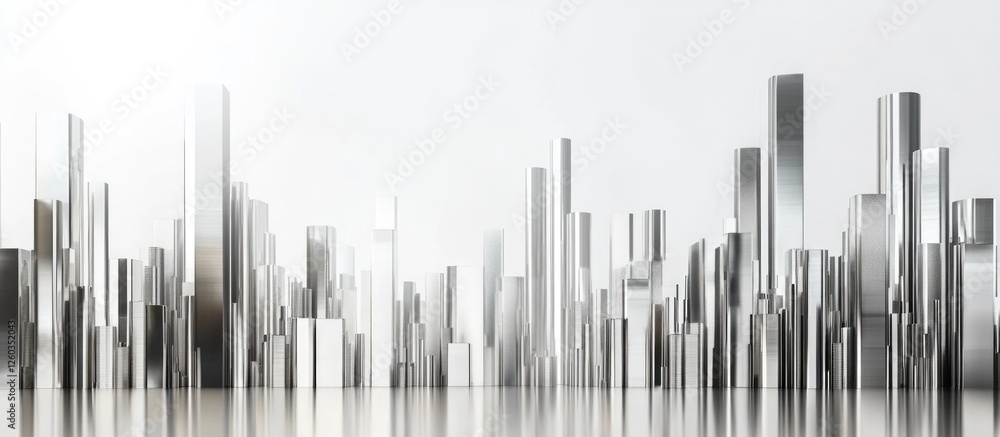 Poster reflective silver skyscrapers in an industrial cityscape with ample blank space for customizable tex