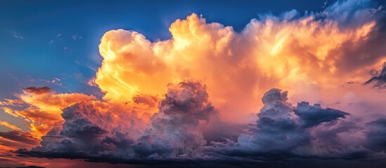 Fototapeta premium Dramatic summer sunset clouds showcasing vibrant colors and captivating textures in the sky during a warm evening.