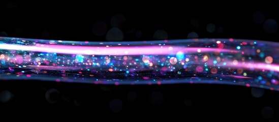 Radiant segmented light in a tubular digital interface with aquatic elements and blank space for text on a dark background