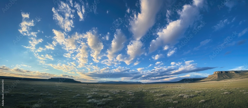 Poster vast panoramic sky with dynamic clouds over an open landscape creating a serene and tranquil backgro