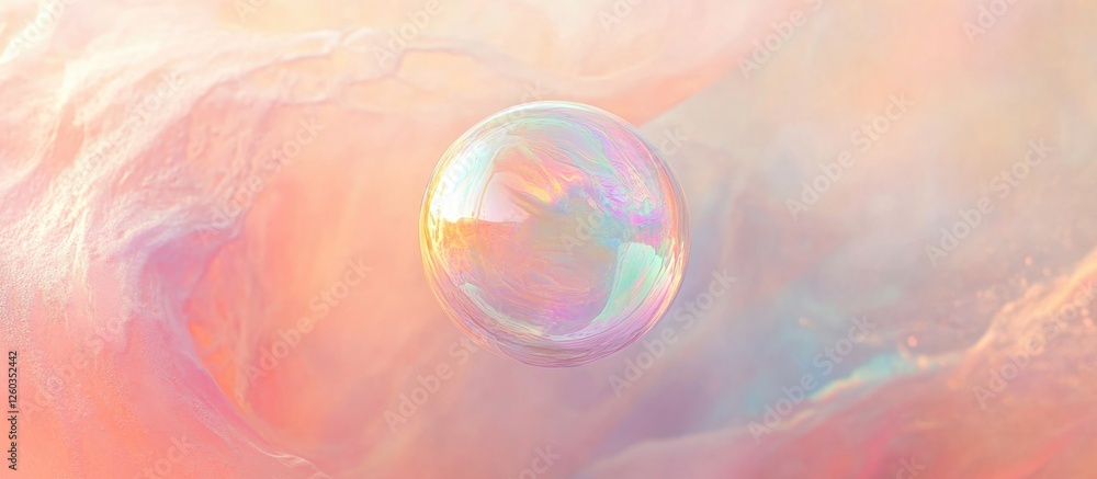 Poster colorful soap bubble floating in dreamy pastel background with soft swirls creating a serene and whi