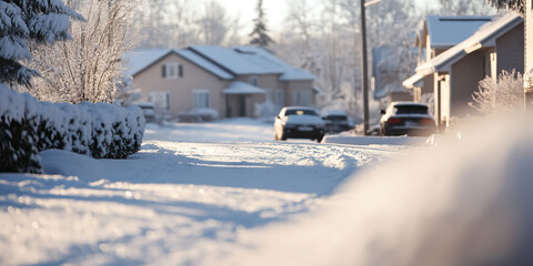Snow-Covered Suburban Street with Parked Vehicles