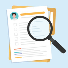 Resume document paper in flat design with a magnifying glass.