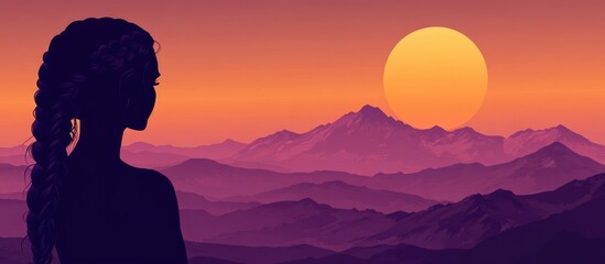 Obraz premium Silhouette of a woman with long braided hair against a vibrant sunset mountain landscape featuring empty space for customizable text