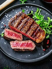 Perfectly grilled steak with a seared crust and tender medium-rare center, served on a black plate with sea salt, fresh greens, and peppercorns.
