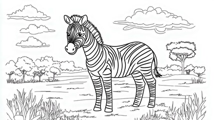 Delightful coloring page featuring a zebra standing in a wildlife scene with clouds and trees, perfect for animal lovers and kids.