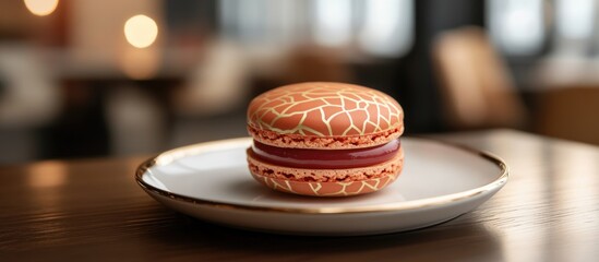 Elegant gold and red patterned macaron filled with lychee ganache raspberry jelly and chocolate served on a plate in warm lighting
