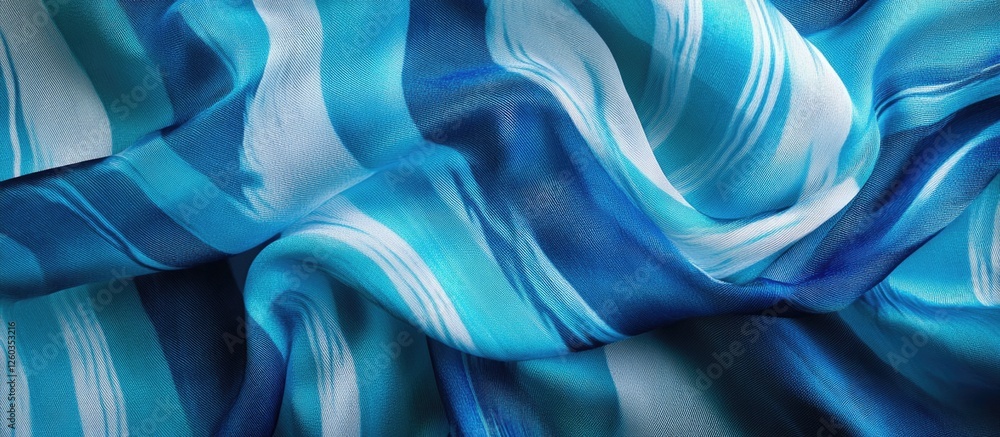 Poster silk fabric featuring elegant blue stripes with azure green and white lines creating a sophisticated