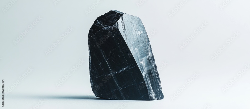 Poster black tourmaline crystal isolated on a clean white background showcasing its natural textures and un
