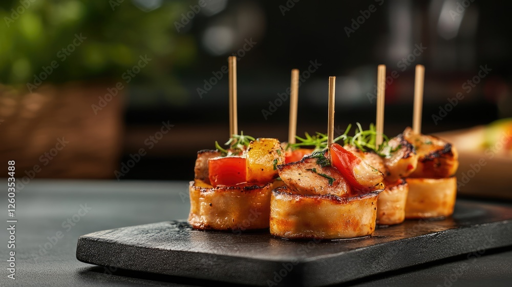 Poster spanish tapas and pinchos served on a slate board with empty space for text and a rustic bar backgro
