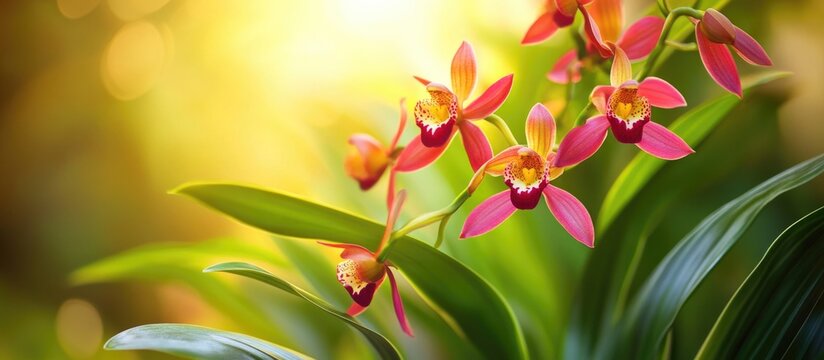 Spathoglottis ground orchid in sunlight with lush green acalypha siamensis foliage in background showcasing vibrant tropical flora