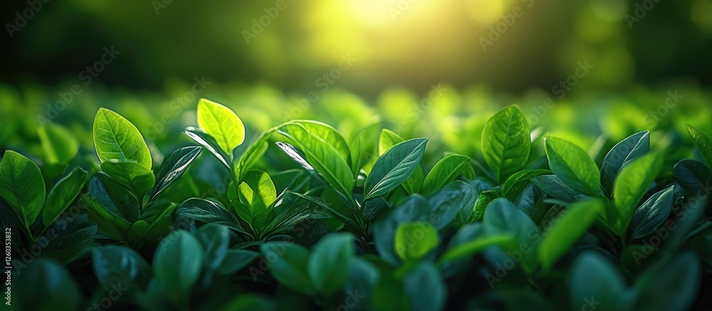 Poster lush green foliage texture with sunlight filtering through creating a serene natural background for 