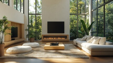 Fototapeta premium Bright and Airy Modern Living Room with Large Fireplace and Abundant Natural Light Ideal for Text Overlays