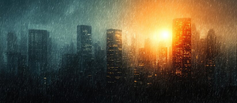 Skyscrapers in rain with sun flare creating atmospheric cityscape and space for text in dramatic lighting and weather conditions