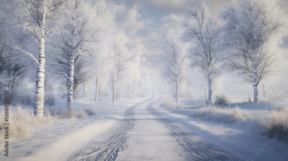 Aufkleber winter road through a snowy countryside lined with frosted trees under a soft cloudy sky creating a 