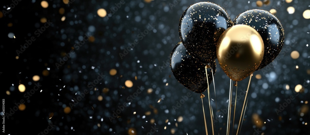 Poster elegant black and gold balloons with confetti on a dark background creating a festive atmosphere wit