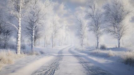 Obraz premium Winter road through a snowy countryside lined with frosted trees under a soft cloudy sky creating a serene and tranquil landscape.