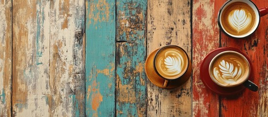 Closed sign for restaurant or coffee shop with coffee cups on rustic wooden table in vibrant colors showcasing hospitality and comfort