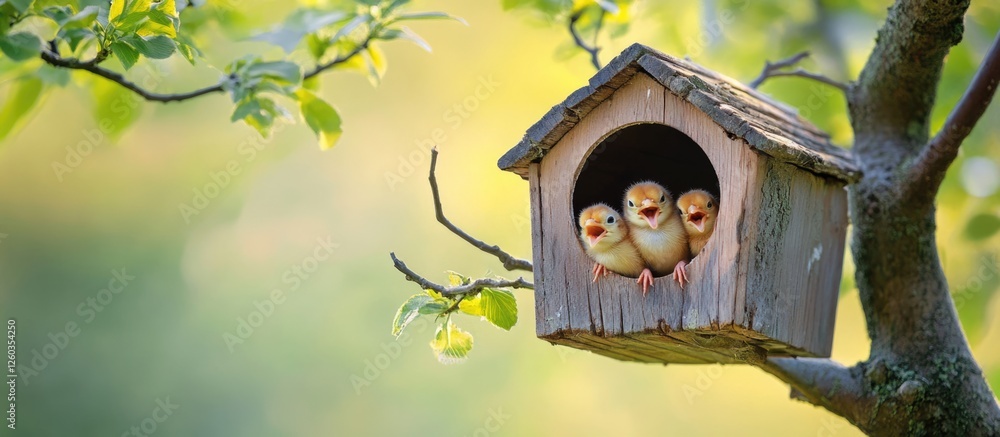 Poster charming birdhouse on tree branch with three adorable hatched chicks extending wings and soft cries 