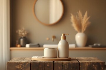 Wooden table with pedestal in blur bathroom for bathing and spa product display with copy space