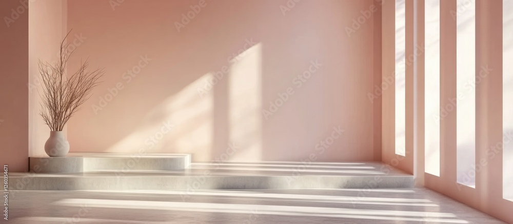 Poster bright and airy entryway featuring pastel walls with ample copy space and elegant shadows for creati
