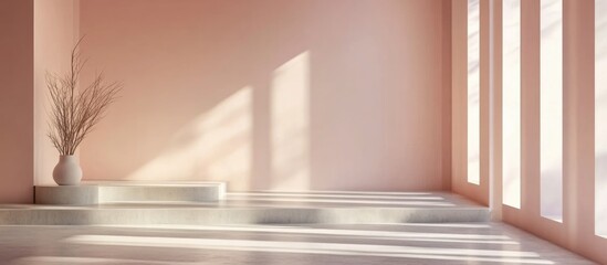 Fototapeta premium Bright and airy entryway featuring pastel walls with ample copy space and elegant shadows for creative text and design elements.