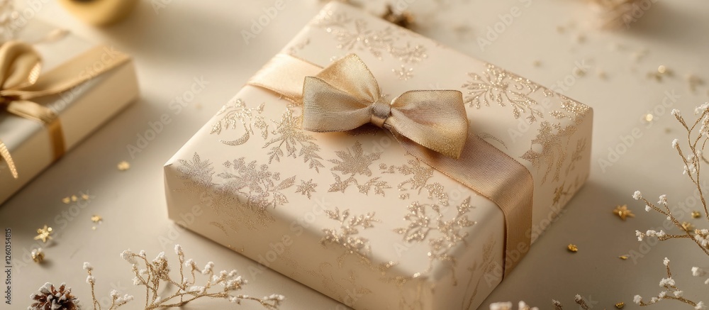 Poster elegant gift box adorned with golden ribbon and decorative elements on a soft background creating a 