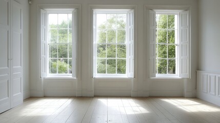 Fototapeta premium Bright and Airy White Interior Featuring Unique Sash Windows and Lush Greenery Outside