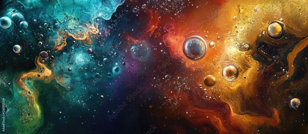 Poster cosmic abstract background featuring colorful planets, molecular structures, and water bubbles in a 