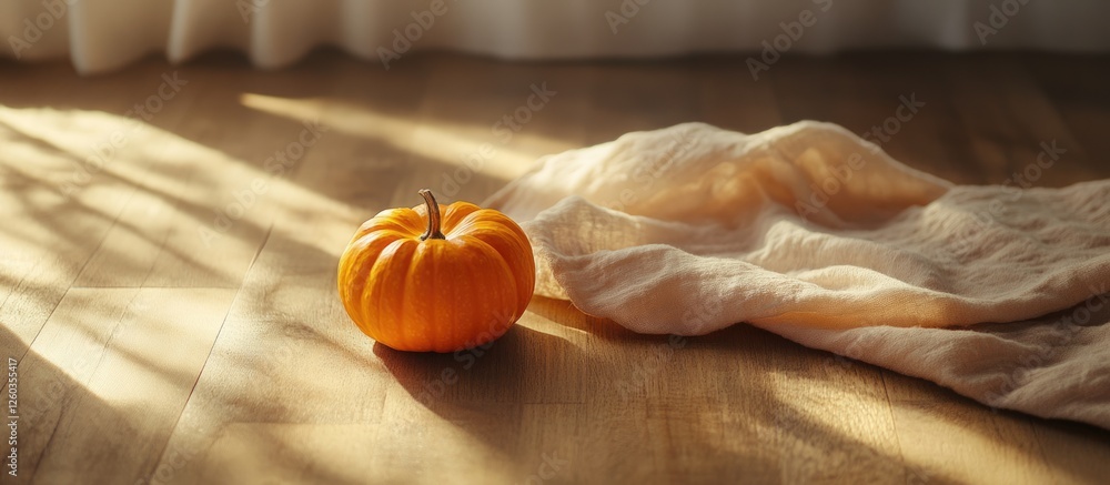 Poster autumn pumpkin on wooden surface with textured cloth warm light and soft shadows creating a cozy fal