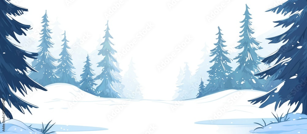 Poster snowy coniferous forest in winter with large blank space for text and soft blue tones illustrating a