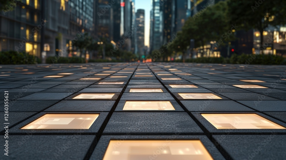 Poster green tech climate tech and smart grid concept. illuminated pavement in a modern urban setting at du
