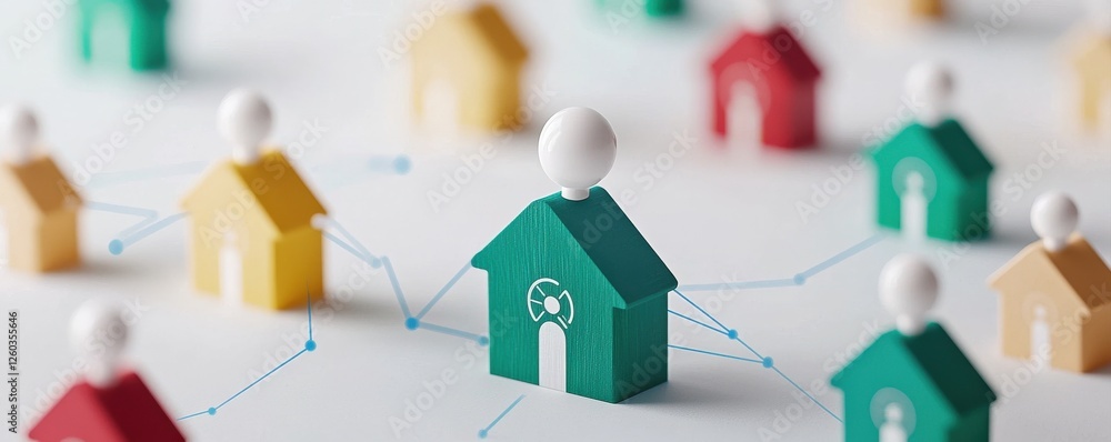 Poster green tech climate tech and smart grid concept. colorful houses connected by lines with figures repr