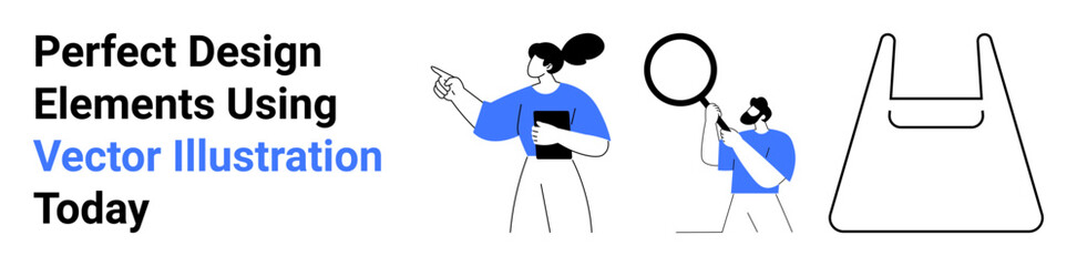 Two people analyzing and discussing ideas, magnifying glass, notebook, pointing, and bag design. Ideal for teamwork, marketing, creativity, presentations brainstorming strategy flat landing page