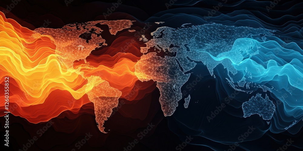 Poster green tech climate tech and smart grid concept. abstract world map with flowing orange and blue wave