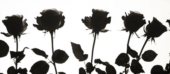 Silhouette of roses against a white background featuring close-up detailing of floral shapes and leaves