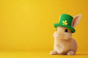 Obraz premium A cute rabbit wearing a green hat with a shamrock, set against a vibrant yellow background, symbolizing spring festivities