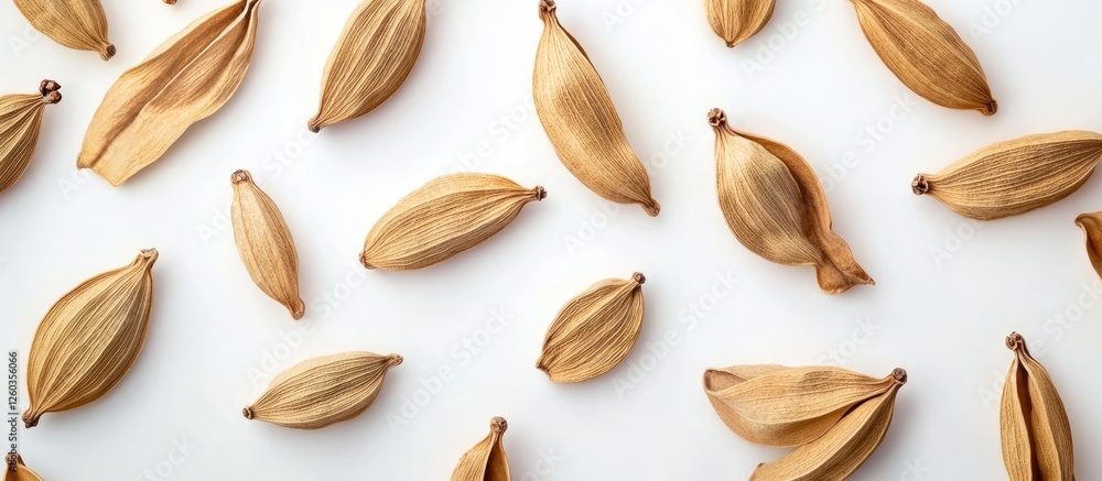Poster Siam Cardamom seeds arranged on a white background showcasing their unique texture and shape in a selective focus style.