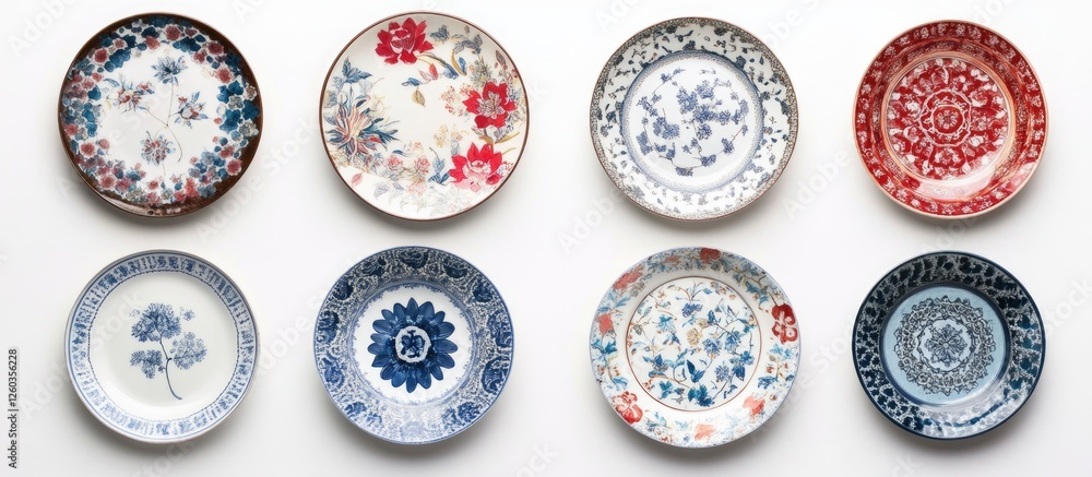 Poster artistic collection of vintage ceramic plates with intricate floral patterns arranged in a visually 