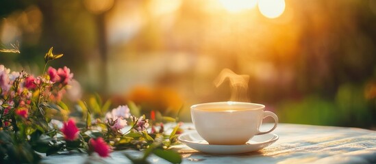 Fototapeta premium Relaxing tea moment in a sunlit garden with blooming flowers and empty space for personalized text or messages