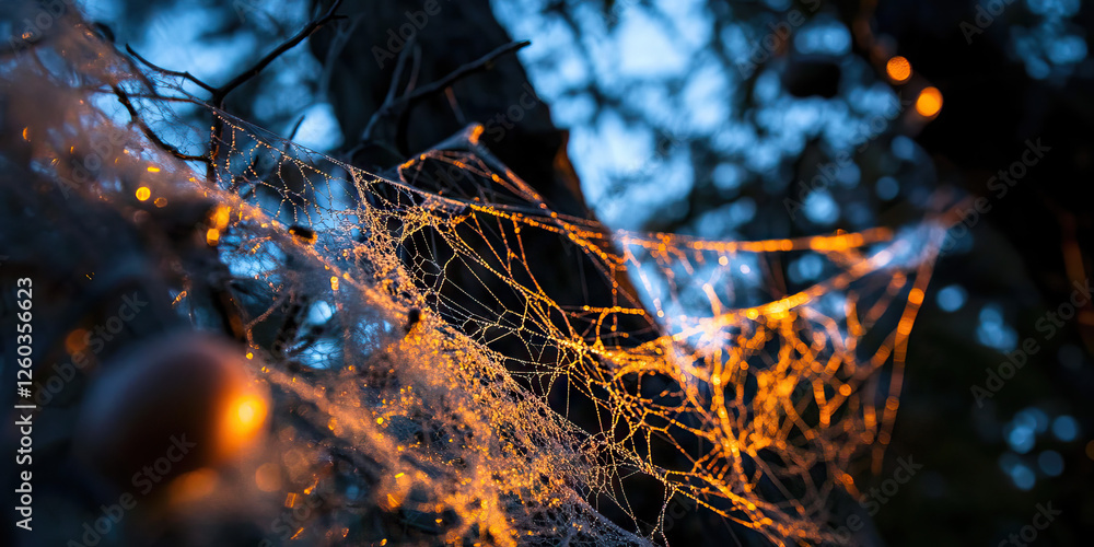 Poster spiderweb on branches with dew and backlighting
