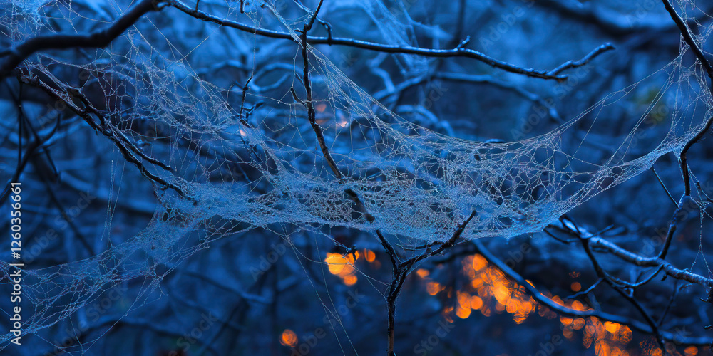 Poster spiderweb with dew on branches and out-of-focus background lights