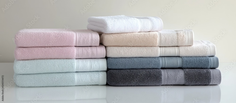 Poster soft pastel spa towels neatly stacked on a clean white surface for a calming and relaxing atmosphere